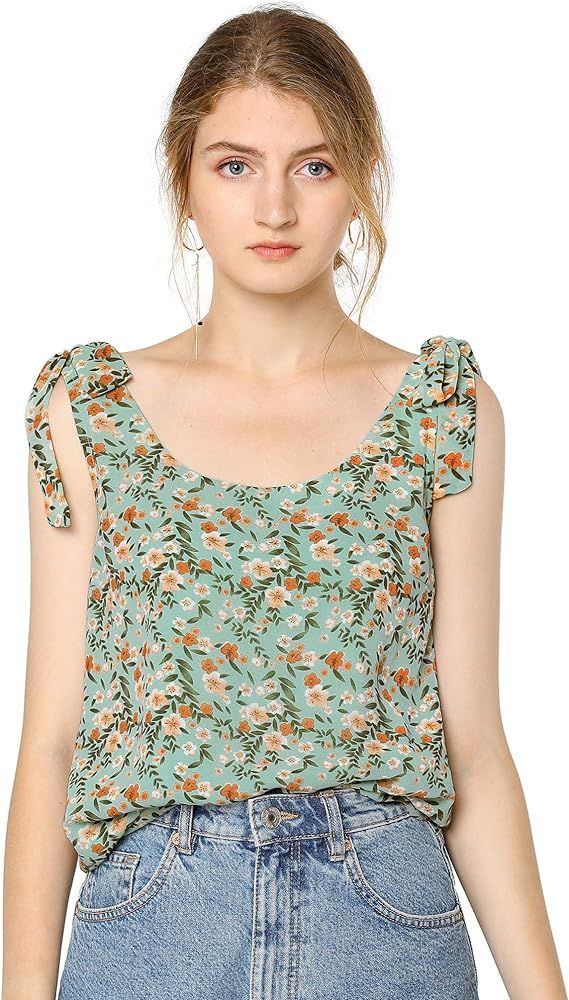 Allegra K Women's Sleeveless Casual Tank Tops Bow Tie Decor Strap Chiffon Floral Blouse | Amazon (US)