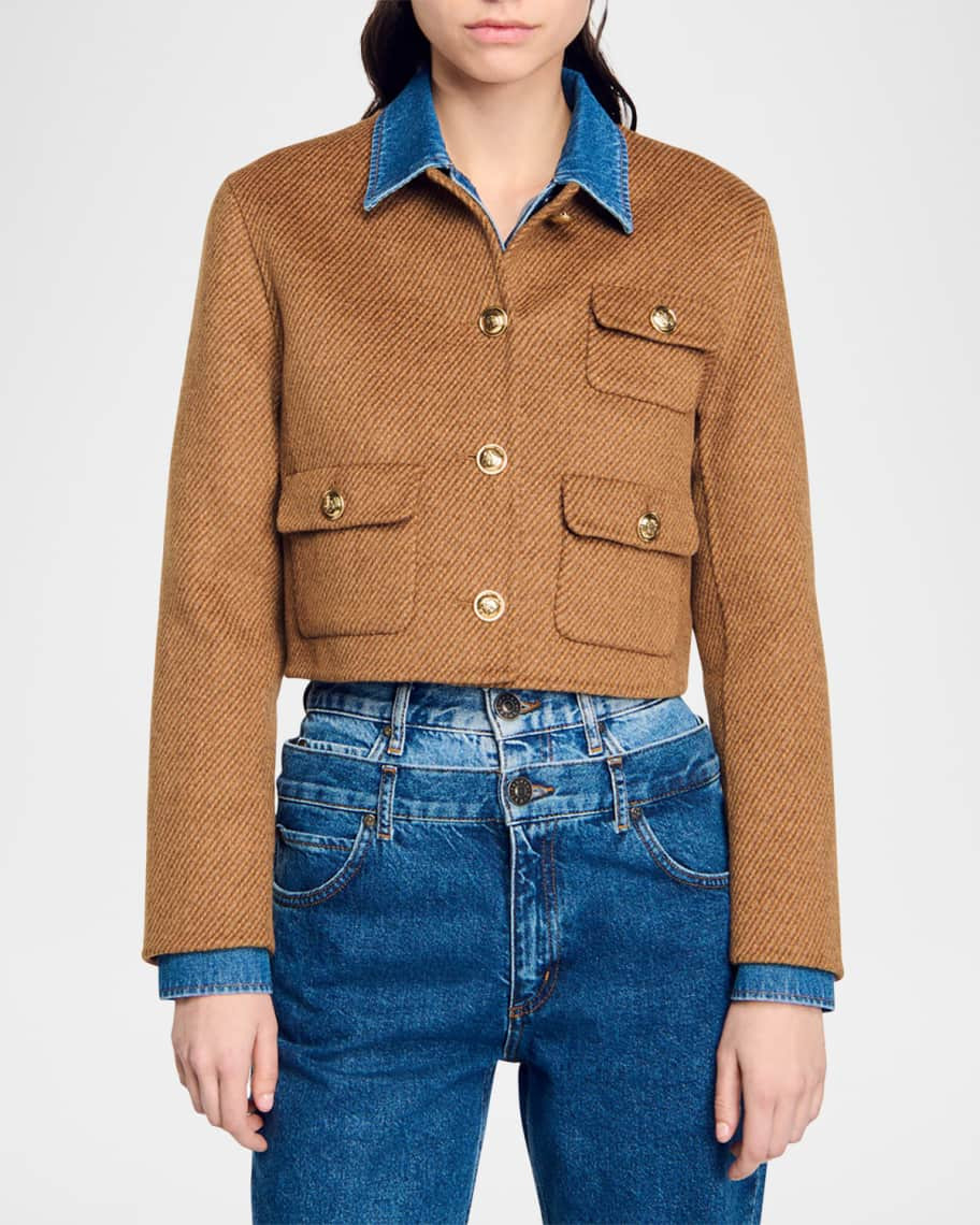 Sandro Stanford Hybrid Denim Crop Blazer | Neiman Marcus