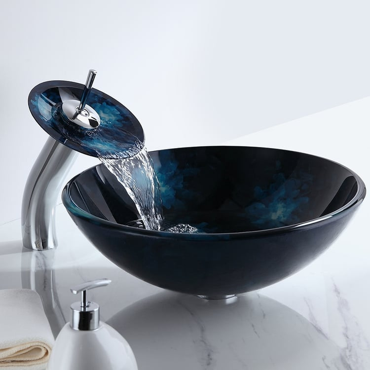 Dark Blue Tempered Glass Circular Vessel Sink Waterfall Faucet Set Pop-Up Drain Included | Homary