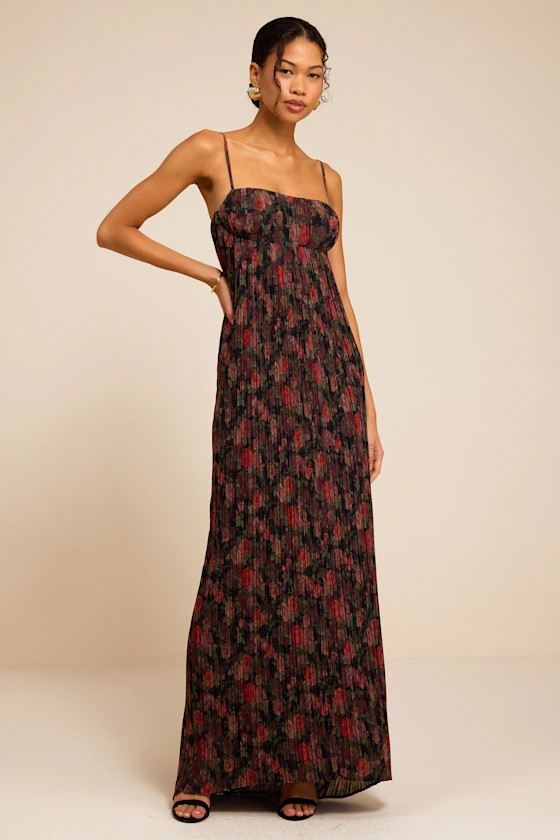 Avi Black Floral Print Pleated Sleeveless Maxi Dress | Lulus