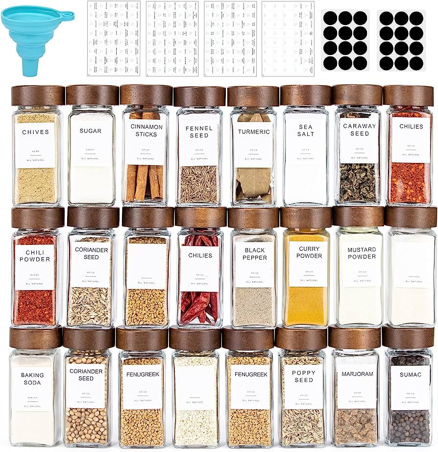 Yangbaga 24PCS Glass Spice Jars set-Glass Jars With Wooden Lids with Shaker Lids- Spices & Season... | Amazon (UK)