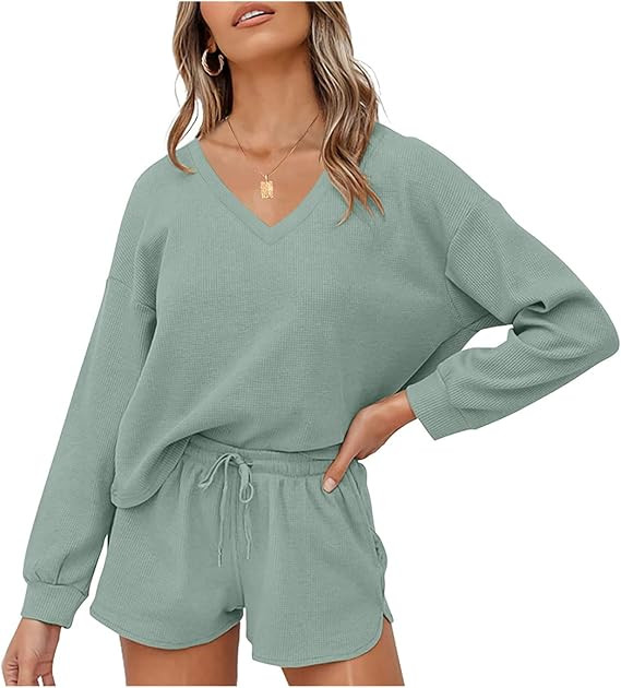 MEROKEETY Women's Long Sleeve Waffle Lounge Sets V Neck Top and Shorts 2 Piece Pajama Set Outfits... | Amazon (US)