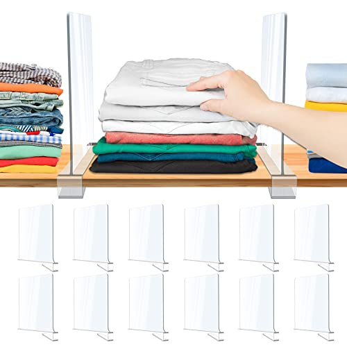 12 Pack Acrylic Shelf Dividers, Clear Shelf Divider for Closet Organization, Closet Shelf Separators for Clothes/Purses, Wood Shelves Organizers in Bedroom, Kitchen, Office, Cabinets, Bathroom Storage | Amazon (US)