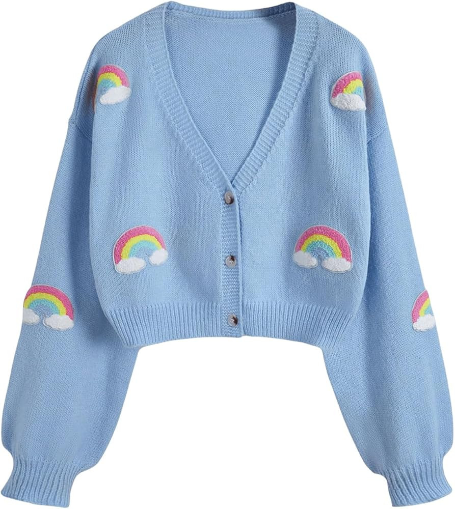 BEAUDRM Women's Rainbow Graphic Button Down Cardigan V Neck Long Sleeve Crop Sweater Blue Medium | Amazon (US)