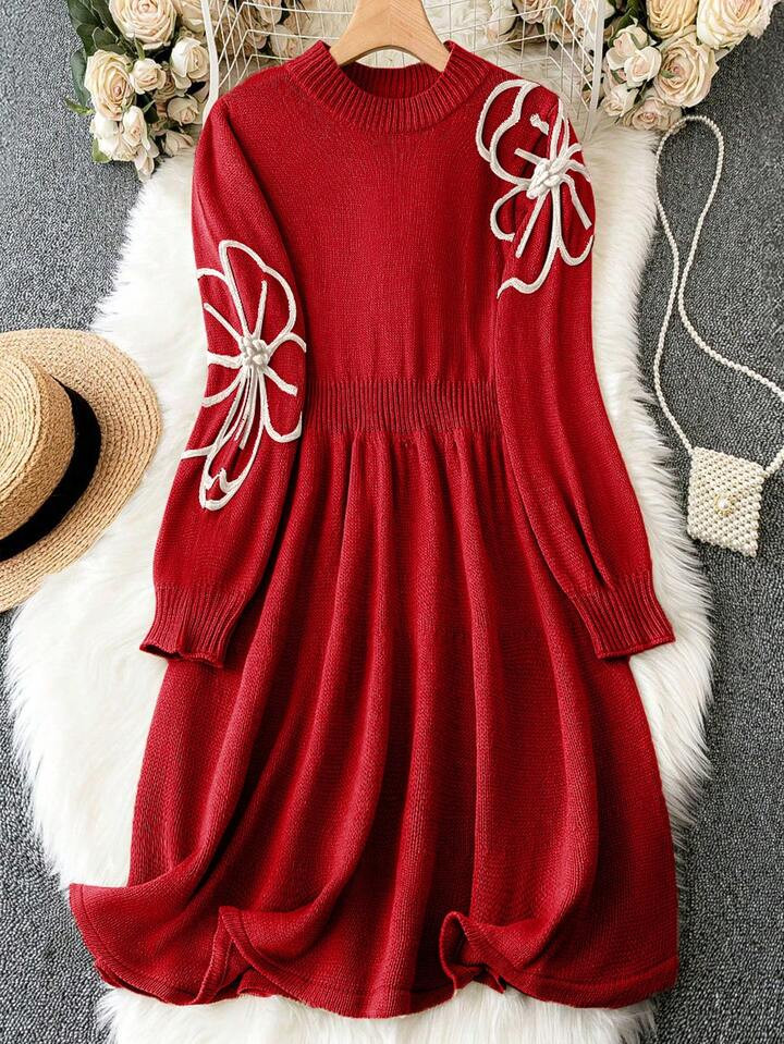 SHEIN Essnce Plus Floral Patched Sweater Dress | SHEIN