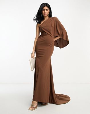 ASOS DESIGN one shoulder premium draped maxi dress with train detail in chocolate brown | ASOS (Global)