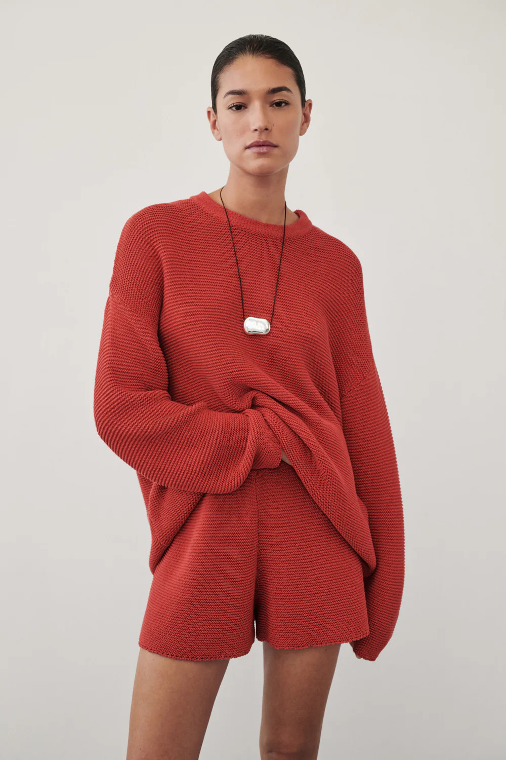 THEA BURNT RED COTTON KNIT SHORTS | DISSH