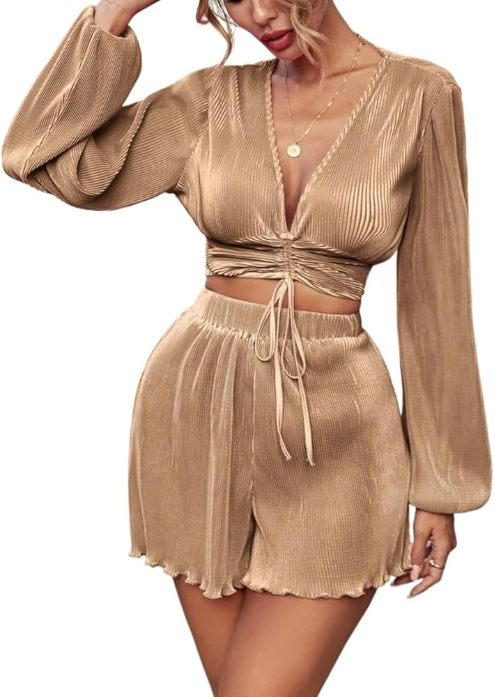 two piece sets for women summer Neck Lantern Sleeve Drawstring Front Crop Top & Shorts | Amazon (US)