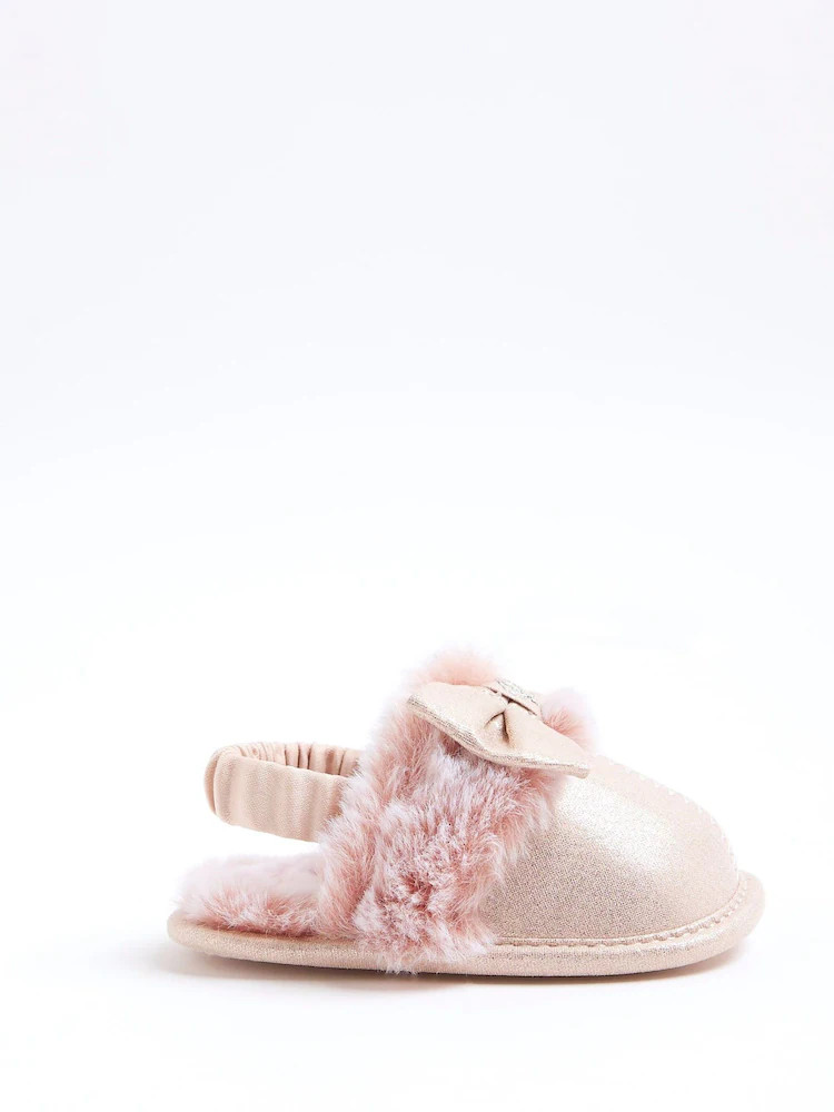 River Island Pink Fur Bow Glam Slippers | Next US