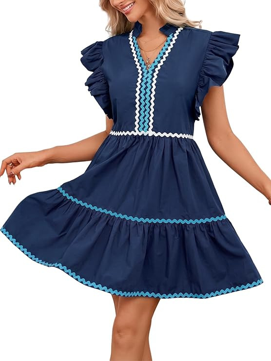 LifeShe Women's Summer Mini Dress V Neck Flutter Sleeve Babydoll Dresses Striped Ruffle A Line Be... | Amazon (US)