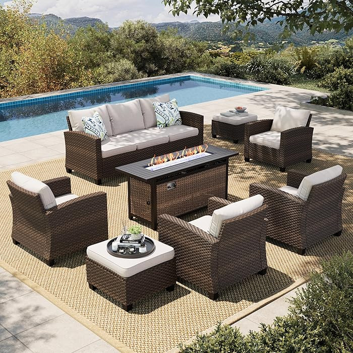 HERA'S HOUSE Patio Furniture Set, Outdoor Wicker Furniture with Fire Pit, 8 Pieces Deep Seating O... | Amazon (US)