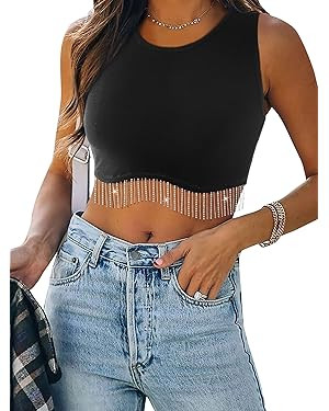 Womens Nashville Sparkly Rhinestone Fringe Sleeveless Crop Tops Y2K Raceback Ribbed Cropped Tank ... | Amazon (US)