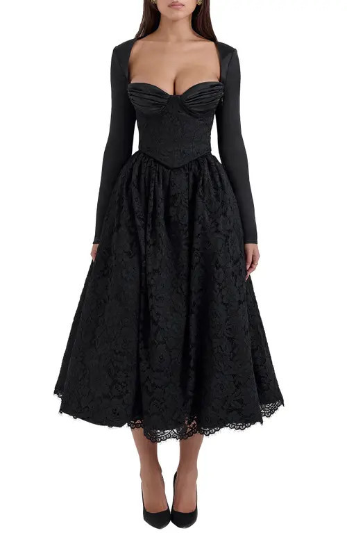 HOUSE OF CB Duchess Corset Lace Fit & Flare Midi Dress with Bolero in Black at Nordstrom, Size X-Large A | Nordstrom