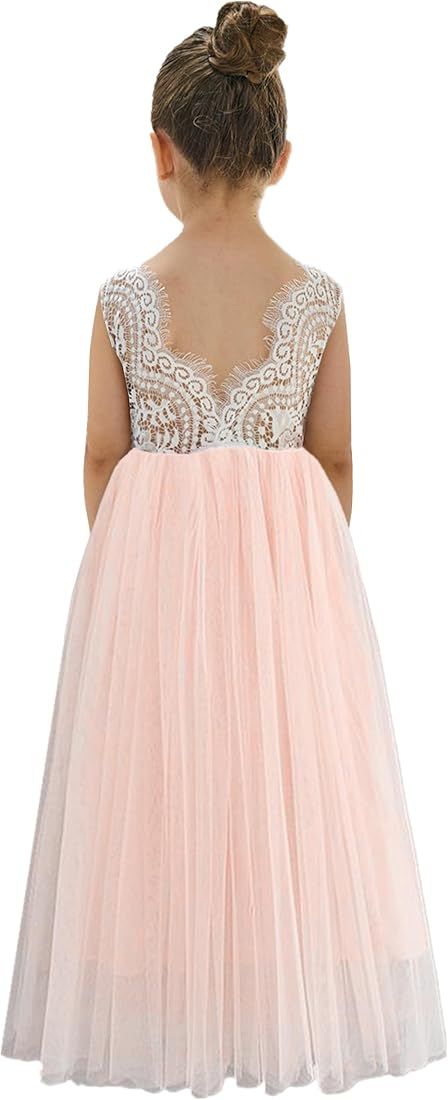 Girl Peony Lace Back A-Line Straight Tutu Tulle Party Flower Girl Dress | Amazon (US)
