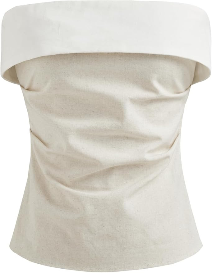CIDER Shirts for Women Strapless Tube Top Ruched Linen Blend Top Backless Going Out Bandeau Regul... | Amazon (US)