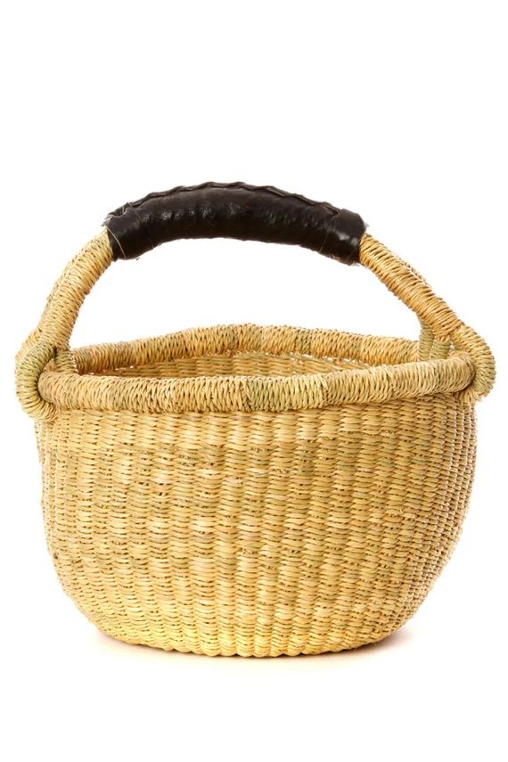 Small Round Bolga Basket with Dark Brown Leather Handle | Etsy (AU)