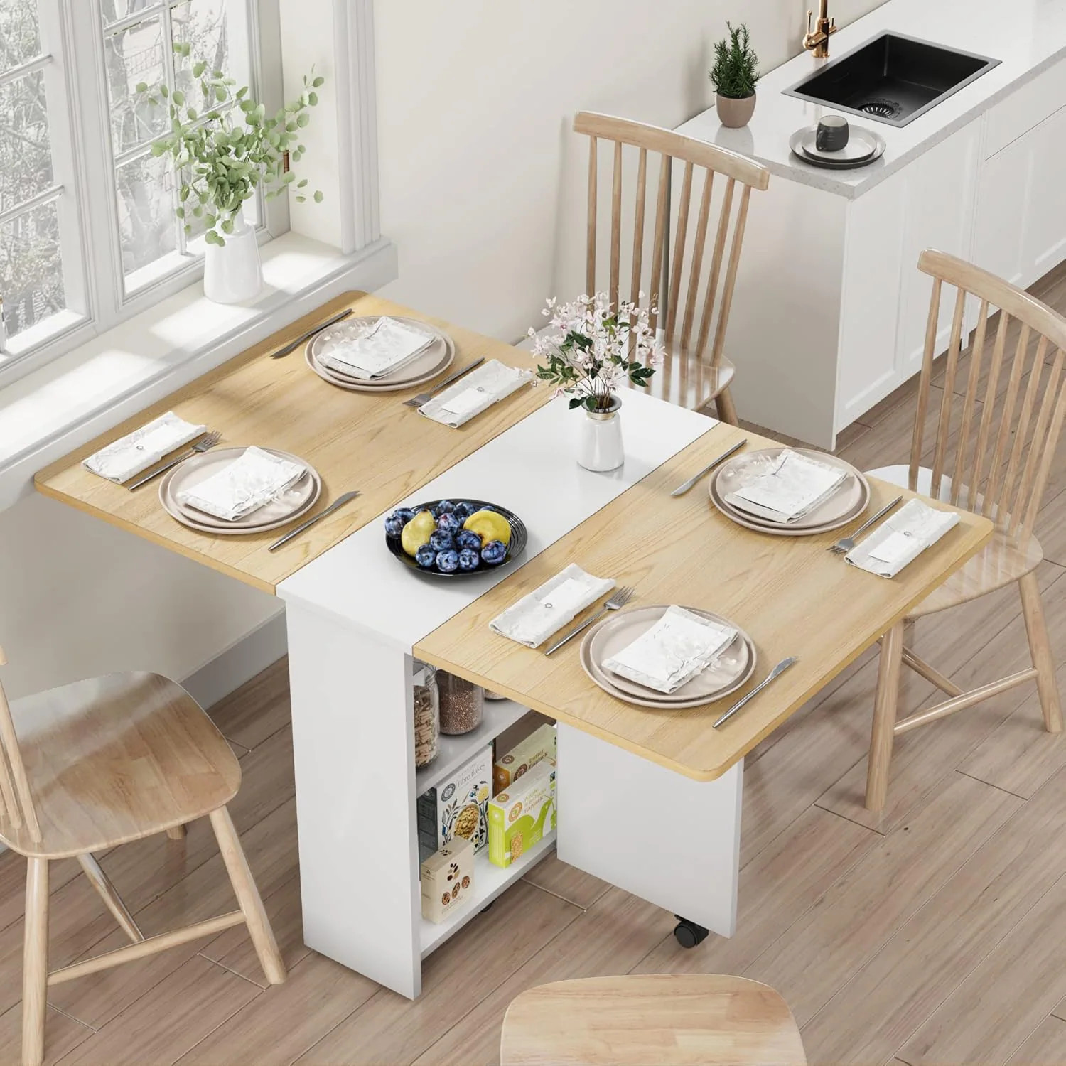 Garvee Space Saving Folding Dining Table with 2 Tier Storage-Extendable Drop Leaf Farmhouse Wood Kitchen Dining Room Tables Set for 4 Collapsible | Lowe's