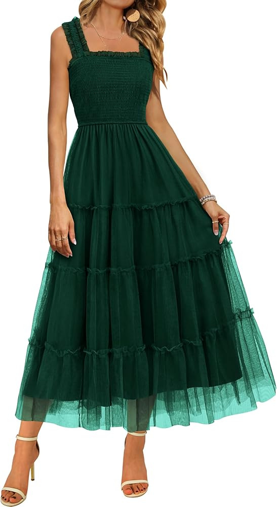 BTFBM Women's 2025 Summer Midi Dress Casual Sleeveless Square Neck Smocked Ruffle Tulle Party Wed... | Amazon (US)