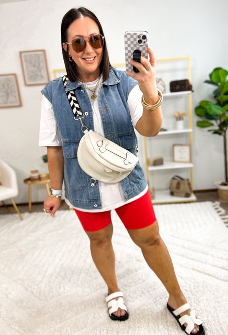 Amazon vest styled for warmer weather!  XL vest. XL tee. L biker shorts. XL layering tank. Sandals are Steve Madden look a likes from Target!  Fit tts  

#LTKMidsize #LTKSeasonal #LTKFindsUnder50