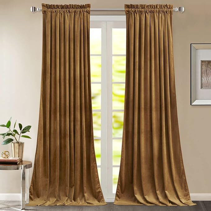 StangH 108 inches Long Gold Brown Velvet Curtains for Bedroom Windows, Thermal Insulated Light Bl... | Amazon (US)