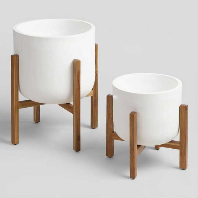 Sevilla Cement Outdoor Planter With Wood Stand | World Market