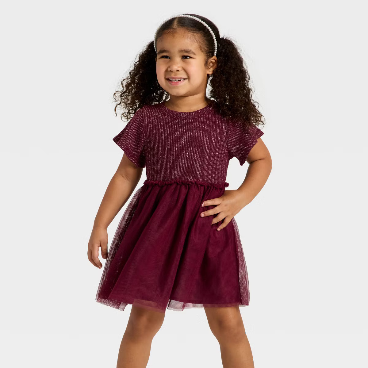Toddler Girls' Short Sleeve Sparkle Ribbed Tulle Dress - Cat & Jack™ Burgundy 2T | Target