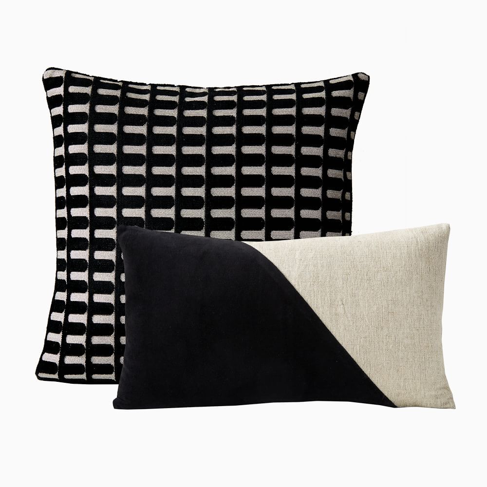 Cut Velvet Archways &amp; Cotton Linen Velvet Corners Pillow Cover Set - Black | West Elm (US)