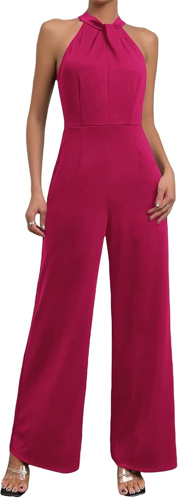 WDIRARA Women's Sleeveless Zipper Back Halter Neck Wide Leg Jumpsuit Elegant Pants | Amazon (US)