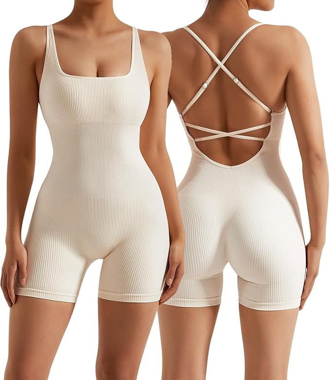 OMKAGI Strappy Backless One Piece Jumpsuits for Women Tummy Control Padded Yoga Romper Shorts | Amazon (US)
