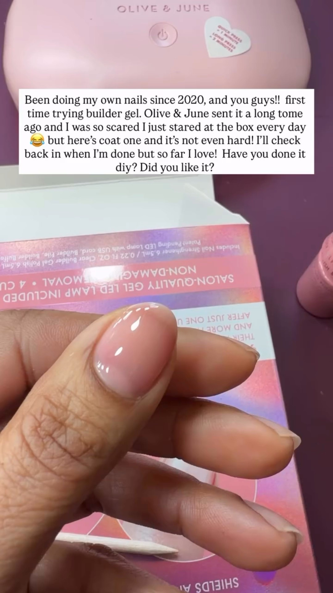 Been doing my own nails since 2020, and you guys!! first time trying builder gel. Olive & June sent it a long time ago and I was so scared I just stared at the box every day but here's coat one and it's not even hard! 

So easy + fast. one coat of the builder gel - I liked the subtle pink but next time I'll try two. Then one coat of the gel top coat. Also I just read that you can paint regular polish over the top to switch it up without having to remove this! I’ll let you know how long it lasts! 

#LTKBeauty #LTKFindsUnder50