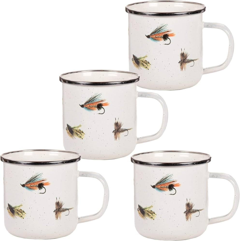 Golden Rabbit Enamelware - Fishing Fly Pattern - Set of 4-12oz Mugs | Amazon (US)