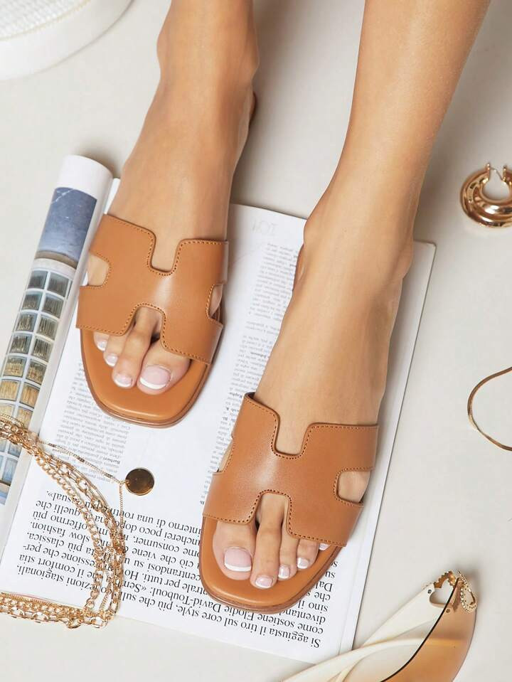 SHUZIA Women's Luxe-Inspired Harness Cutout Open Toe Timeless PU Golden Tan Slides Summer Shoes S... | SHEIN