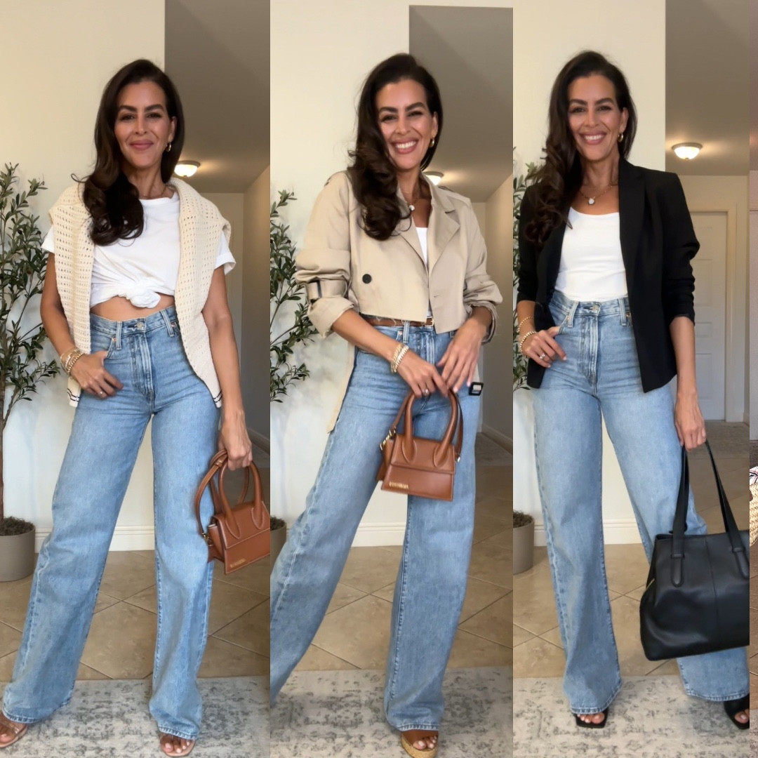 All sizing and details 👖👇🏼⬇️
-Size 25x 34 in the jeans. Available in 30, 32, & 34 length. Exact color  Far And Wide 
-Tshirt, size M.
-Cardigan size M. Runs oversized.
-shoes tts.
-Blazer size 6.
-size S in Cropped trench coat.
Adding similar tank top. 
