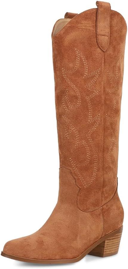 Amazon.com | Erocalli Suede Knee High Boot Cowgirl Cowboy Boots For Women Embroidered Pull-On Chu... | Amazon (US)