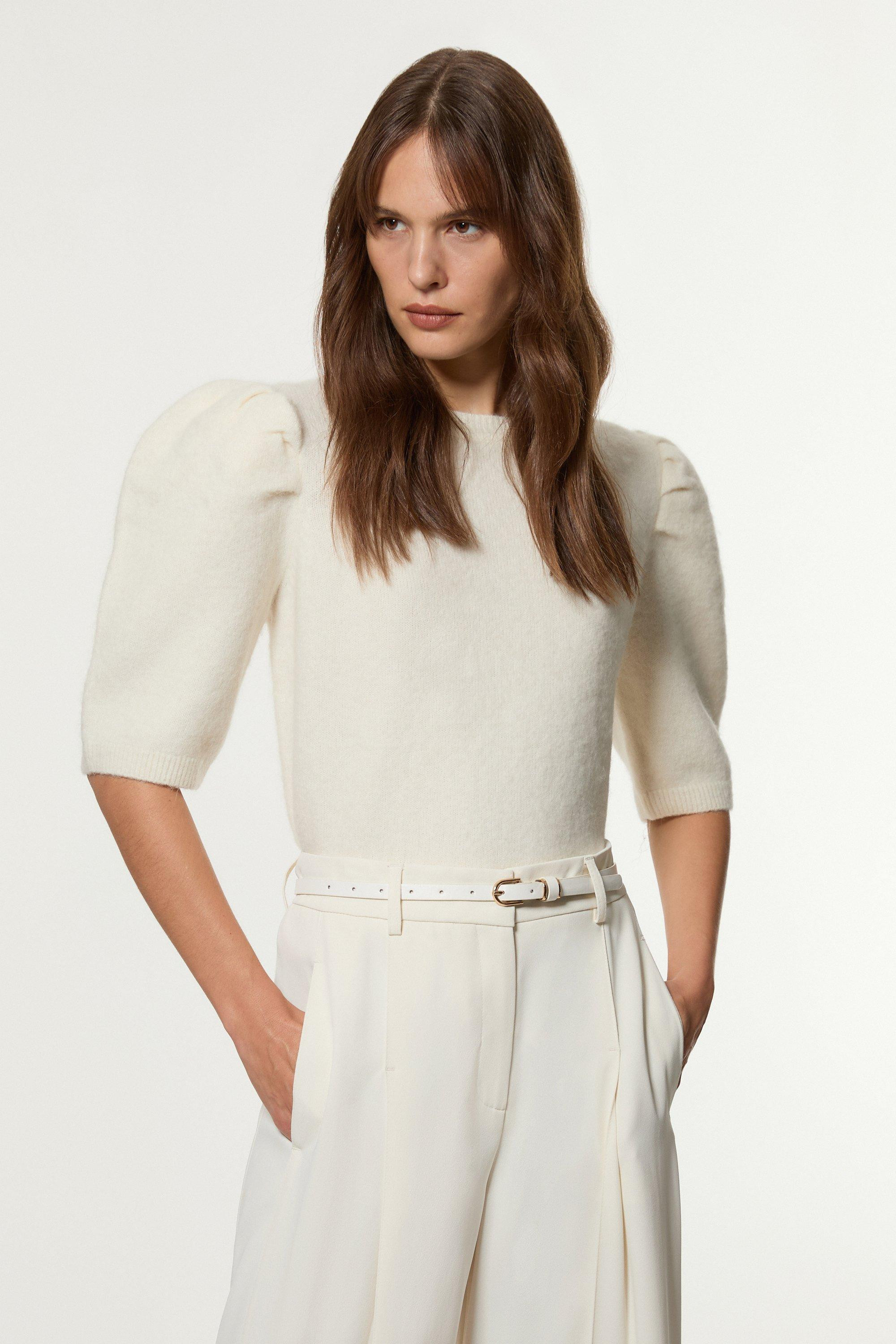 Petite Alpaca Wool Fluffy Knit Crew Neck Top | Karen Millen UK + IE + DE + NL