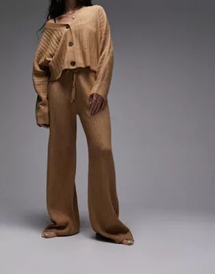 Topshop knitted loungewear rib cardigan and wide leg trouser set in camel | ASOS (Global)