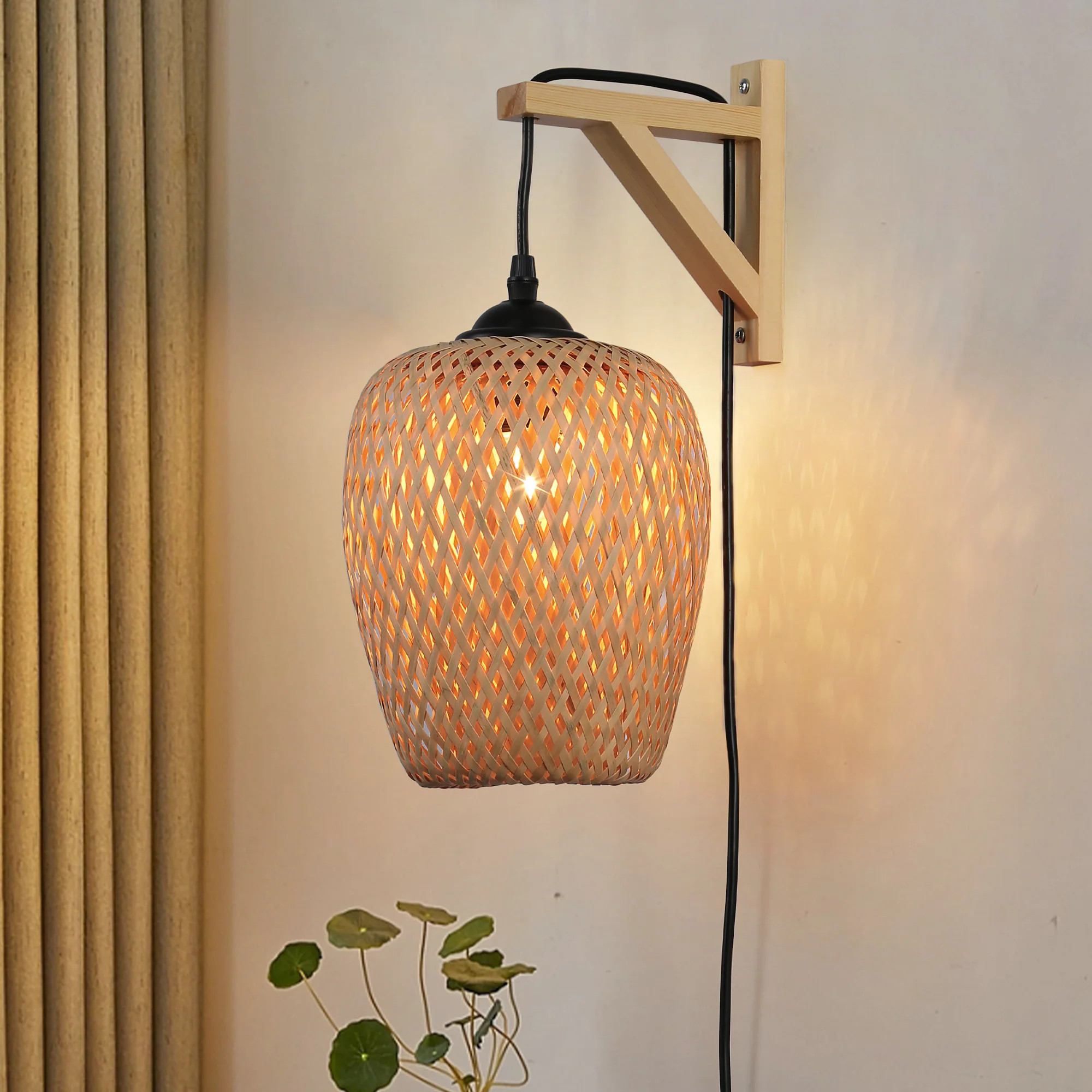 SUNLLOK wood rattan wall lamp 8.7-in W 1 -Light Yellow Industrial Wall Sconce one_size | LM162-N | Lowe's