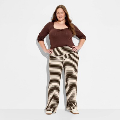 Women's Soft Cotton Low-Rise Straight Leg Pull-On Pants - Wild Fable™ Brown Striped 1X | Target