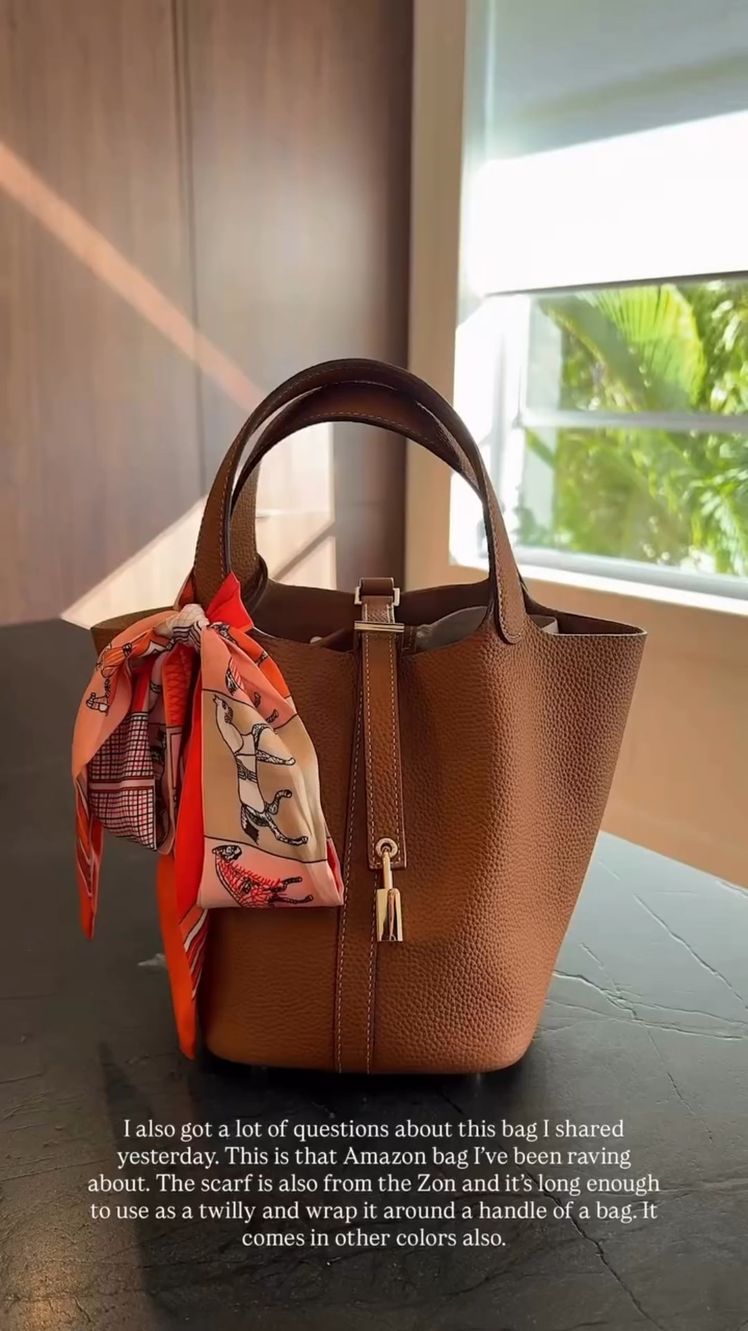 I also got a lot of questions about this bag I shared yesterday. This is that Amazon bag I’ve been raving about. The scarf is also from the Zon and it’s long enough to use as a twilly and wrap it around a handle of a bag. It comes in other colors also.