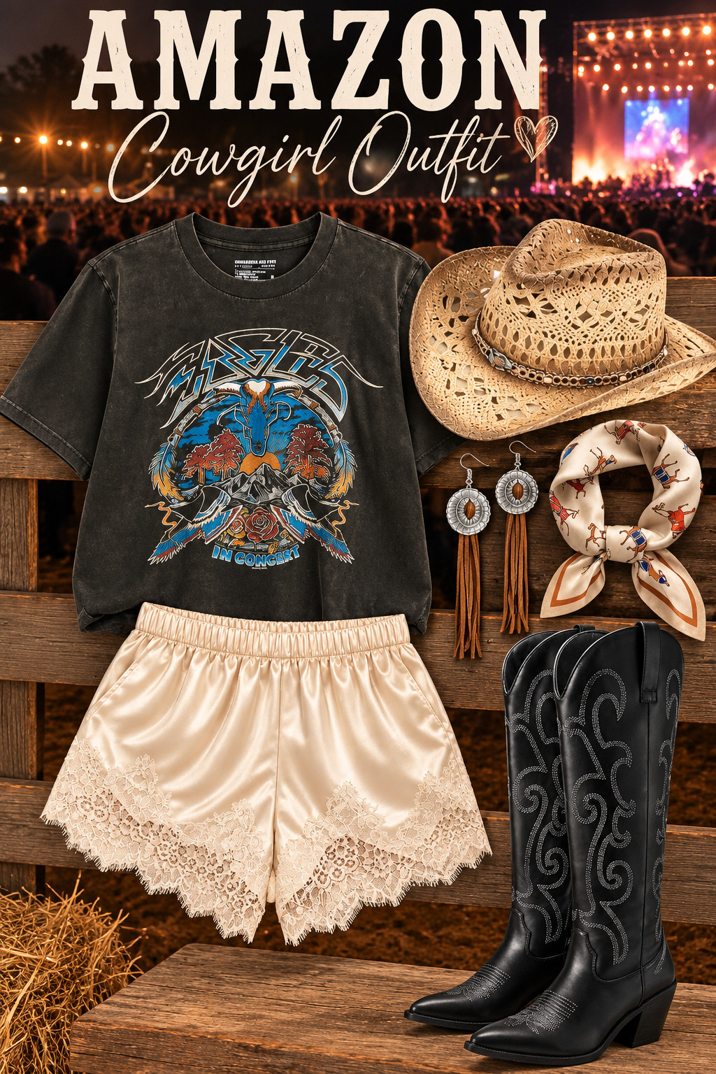Amazon Cowgirl Outfit | Country Concert Outfit Inspo 🤠🤎 The cutest western-inspired outfit for your next country concert! I love pairing a vintage-style graphic tee with feminine lace-trim shorts, cowboy boots and a classic western hat. Add fringe earrings and a cute scarf for the perfect finishing touches. This effortless cowgirl look is perfect for Nashville trips, rodeos, country music festivals or a fun girls' night out. Save this Amazon outfit idea! ✨ #affiliate #AmazonFashion #AmazonFinds #CowgirlOutfit #CountryConcertOutfit #CountryConcert #WesternFashion #WesternOutfit #CowgirlStyle #CowboyBoots #WesternBoots #CowboyHat #GraphicTee #LaceShorts #NashvilleOutfit #NashvilleStyle #RodeoOutfit #ConcertOutfit #FestivalFashion #CountryGirlStyle #WesternWear #AmazonOutfit #FashionOver40 #Over40Style #OutfitInspo