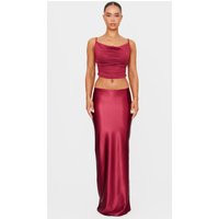 Burgundy Stretch Satin Split Side Maxi Skirt | PrettyLittleThing UK
