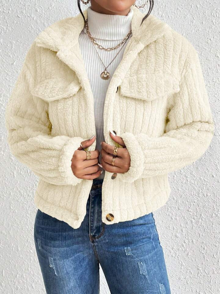 SHEIN LUNE Jaqueta Curta Casual Feminina De Outono/Inverno Em Cor Sólida Com Mangas Longas De Pelúcia | SHEIN