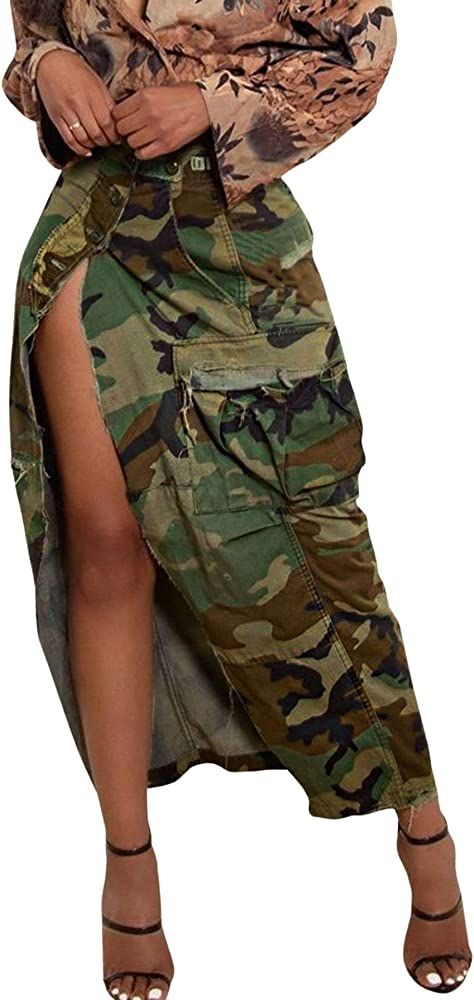 CHARTOU Women Camouflage Skirt Camo Maxi Pencil Skirt Bodycon Button Slit Cargo Skirt with Pocket | Amazon (US)