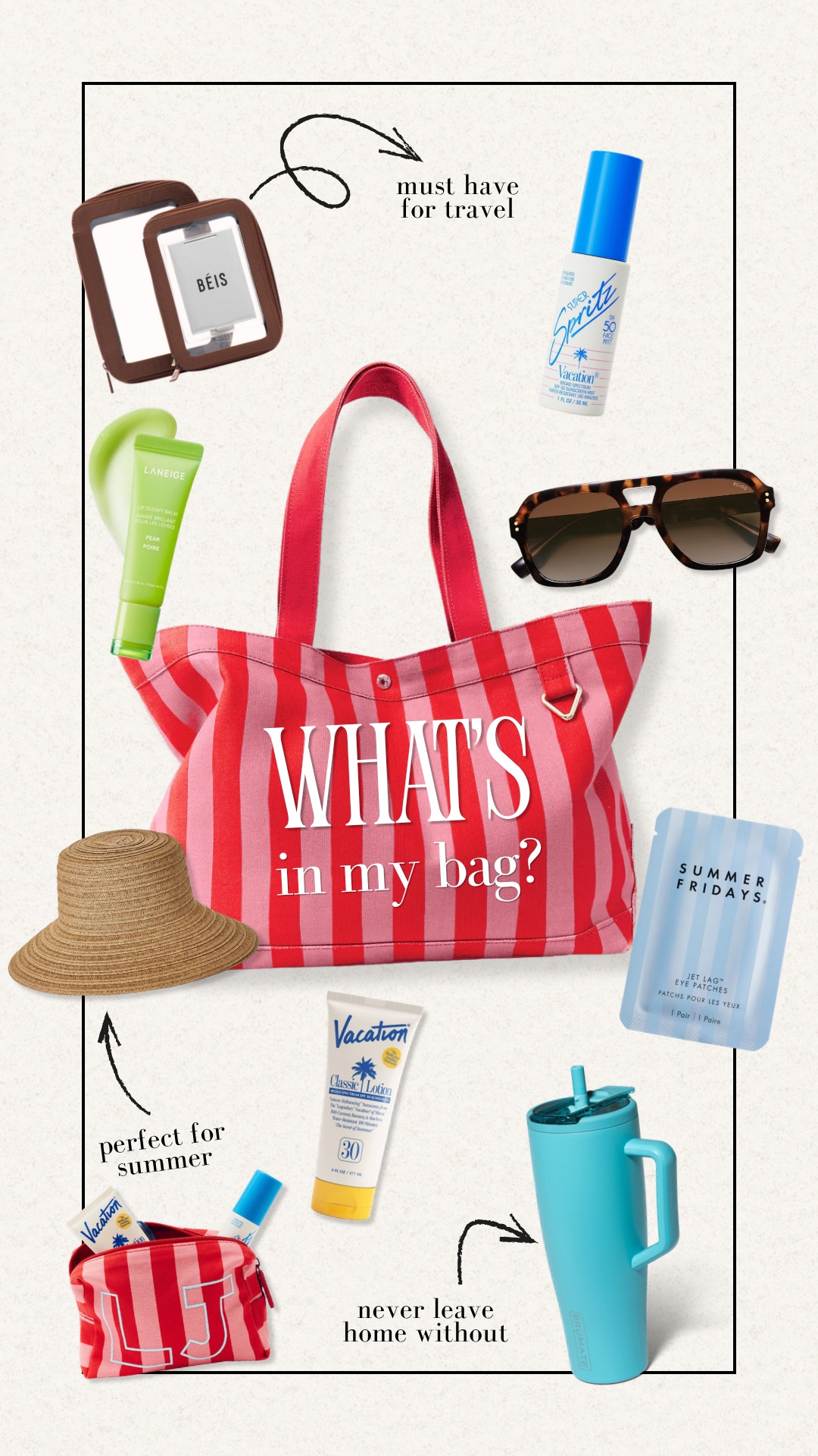 These are the items that come with me everywhere this time of year. Sunscreen, lip care, under eye patches for travel days, oversized sunnies, a good hat, my favorite tumbler, and of course this viral custom tote that holds it all.
summer essentials, what’s in my bag, travel must haves, beach bag essentials, summer favorites, travel essentials, vacation packing, custom tote bag, sunscreen favorites, summer accessories, airport essentials, everyday carry, vacation style, mom life essentials, themominstyle

#LTKSeasonal #LTKTravel #LTKOver40