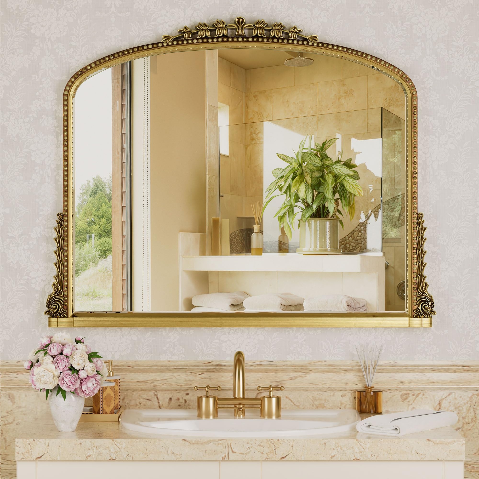 Wall Mirror, Vintage Carved Bathroom Mirror 32" x 40" Antique Metal Frame Wall Mirror for Bedroom... | Amazon (US)