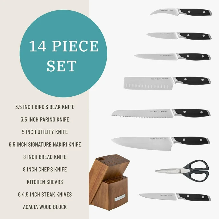 The Pioneer Woman 14-Piece Knife Block Set Stainless Steel Knives with Ergonomic Handle, Black | Walmart (US)