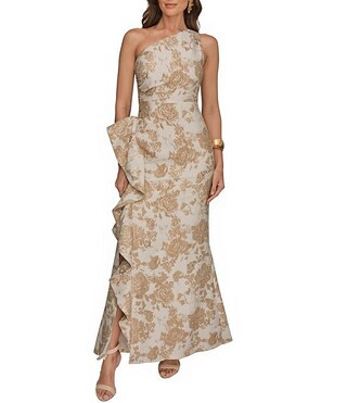Floral Print Jacquard One Shoulder Sleeveless Cascade Ruffle Ball Gown | Dillard's