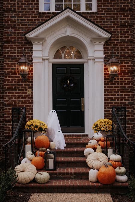 Halloween is just around the corner, so I figured it was finally time to get my front porch ready for trick-or-treaters with some faux pumpkins, these sweet little ghosts, lanterns, a Halloween wreath, and couldn’t forget the mums! 

#LTKSeasonal #LTKHalloween #LTKhome