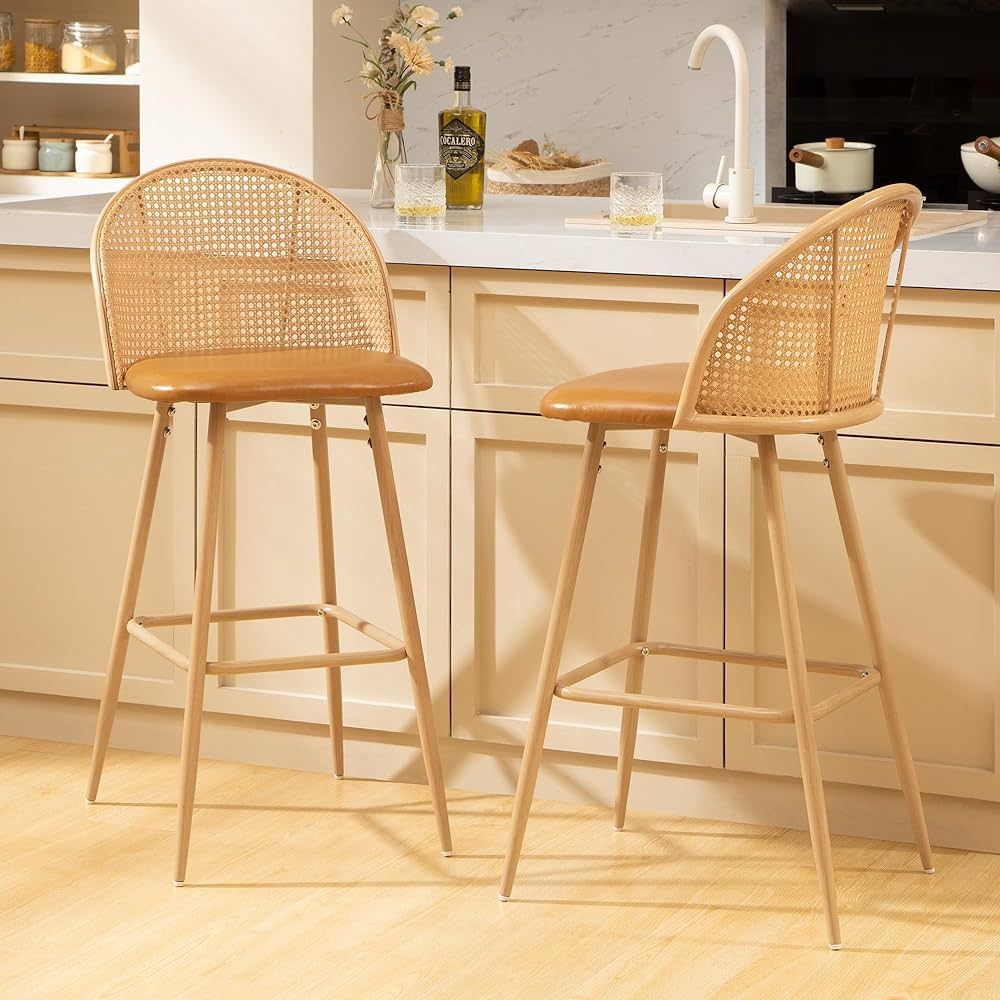 SICOTAS Rattan Bar Stools Set of 2 - Boho Counter Height Barstools - 29" Armless Bar Stools for Kitchen Island - Farmhouse Bar Stools with Back and Leather Cushion - Vintage Design Tall Kitchen Chairs | Amazon (US)