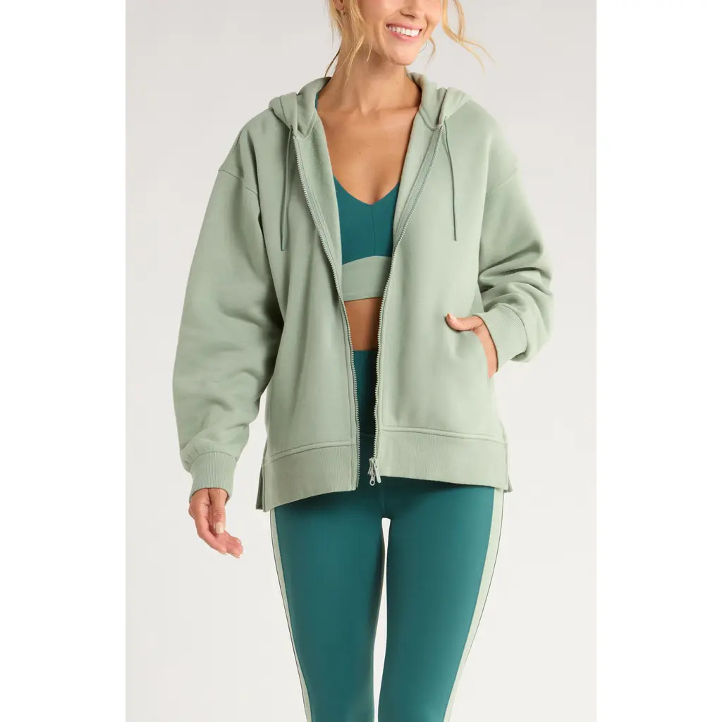 Zella Ultracozy Cloud Fleece Full Zip Hoodie in Green Lilypad at Nordstrom, Size X-Small | Nordstrom